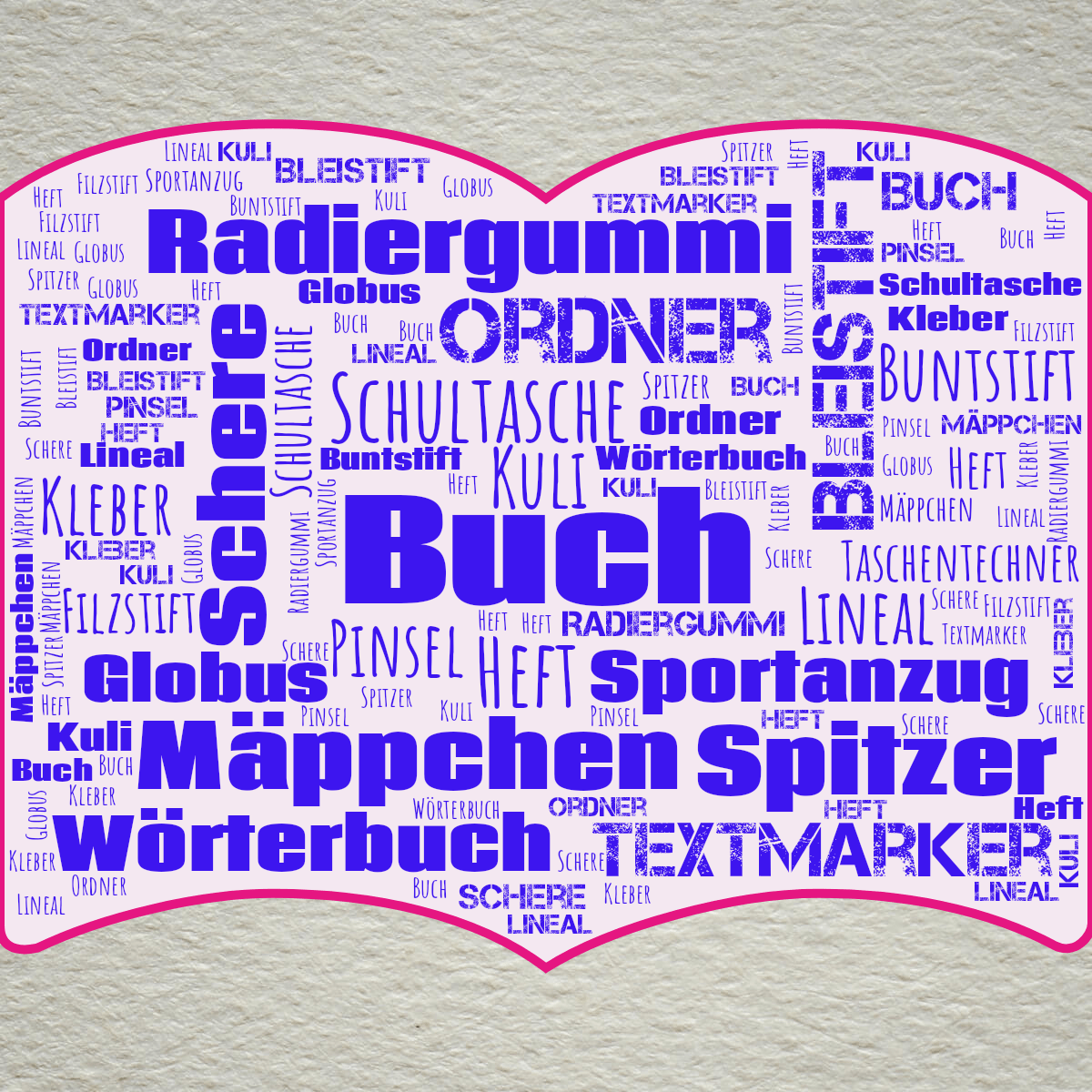Word cloud in a Book shape with 20 words like Buch, Schultasche and Heft in blue, purple and pink.