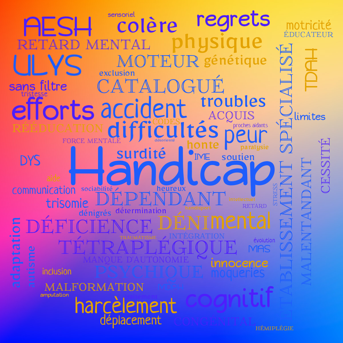 Word cloud with 74 words like Handicap, dépendant and difficultés in bright blue and orange.