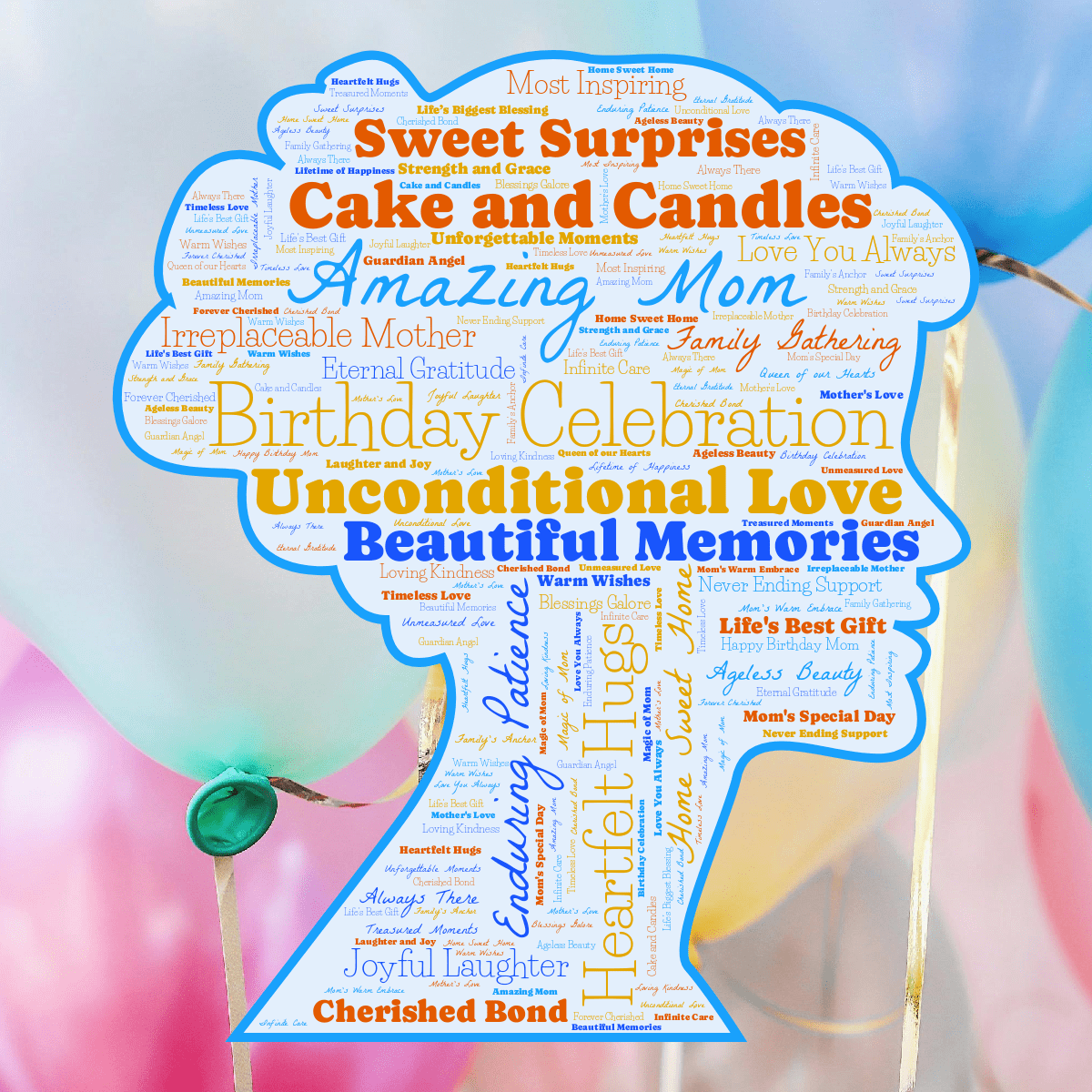 Word cloud in a Woman Face shape with 41 words like Amazing Mom, Birthday Celebration and Unconditional Love in blue and orange.