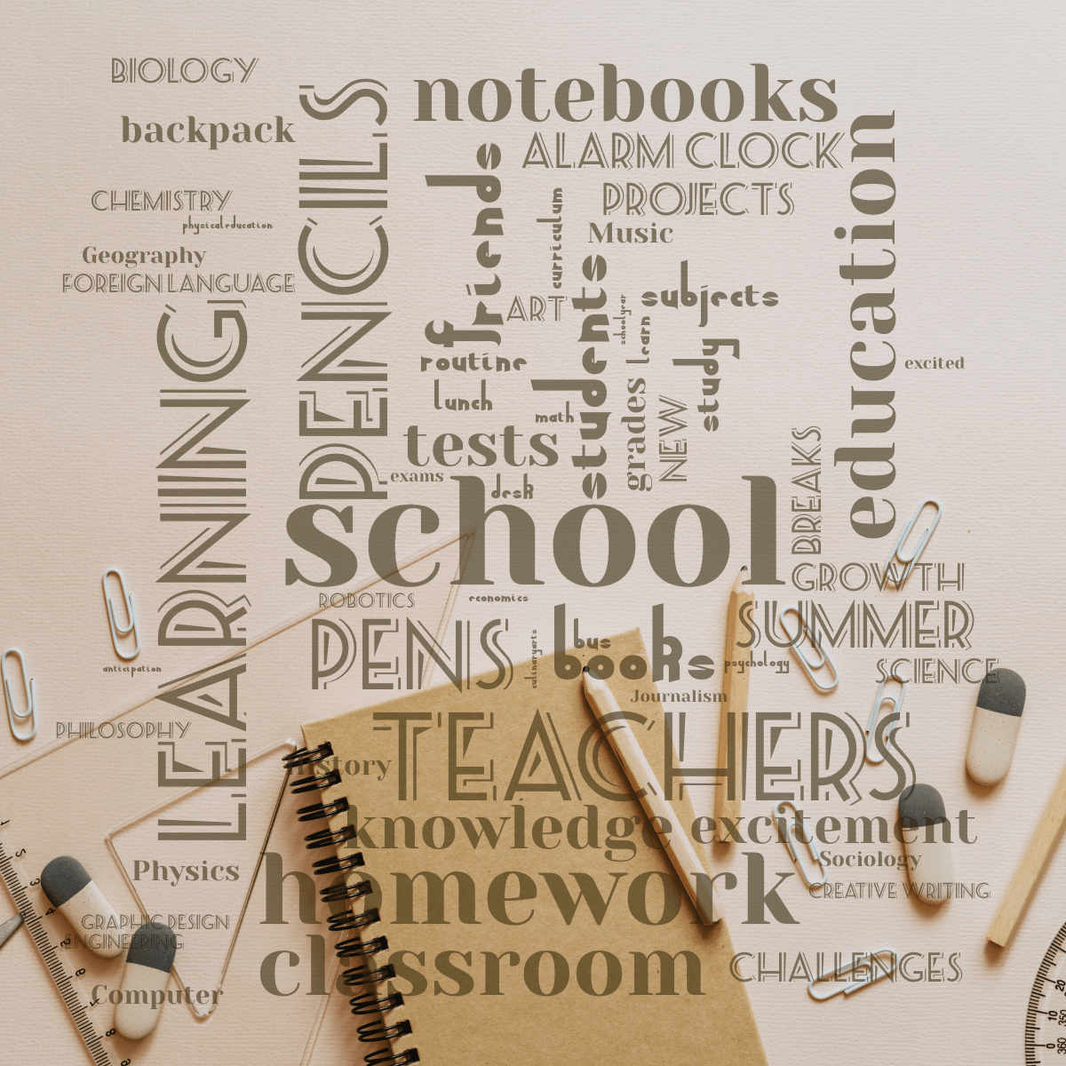 Word cloud with 59 words like school, students and learning in brown.