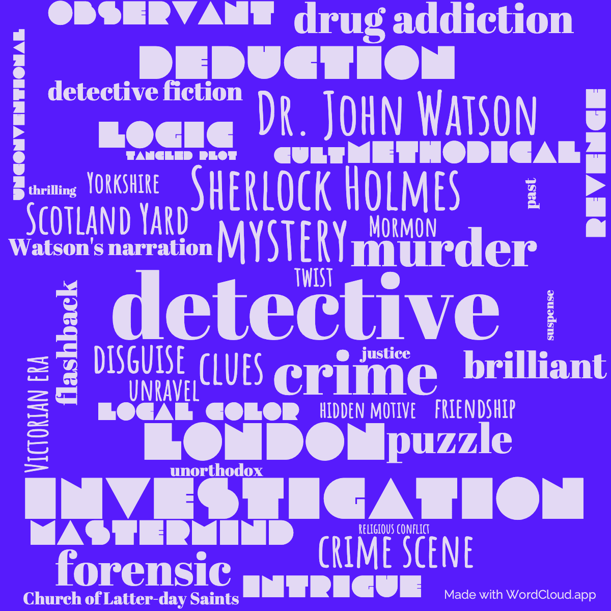 Word cloud of the book A Study in Scarlet with 44 words like detective, mystery and crime.