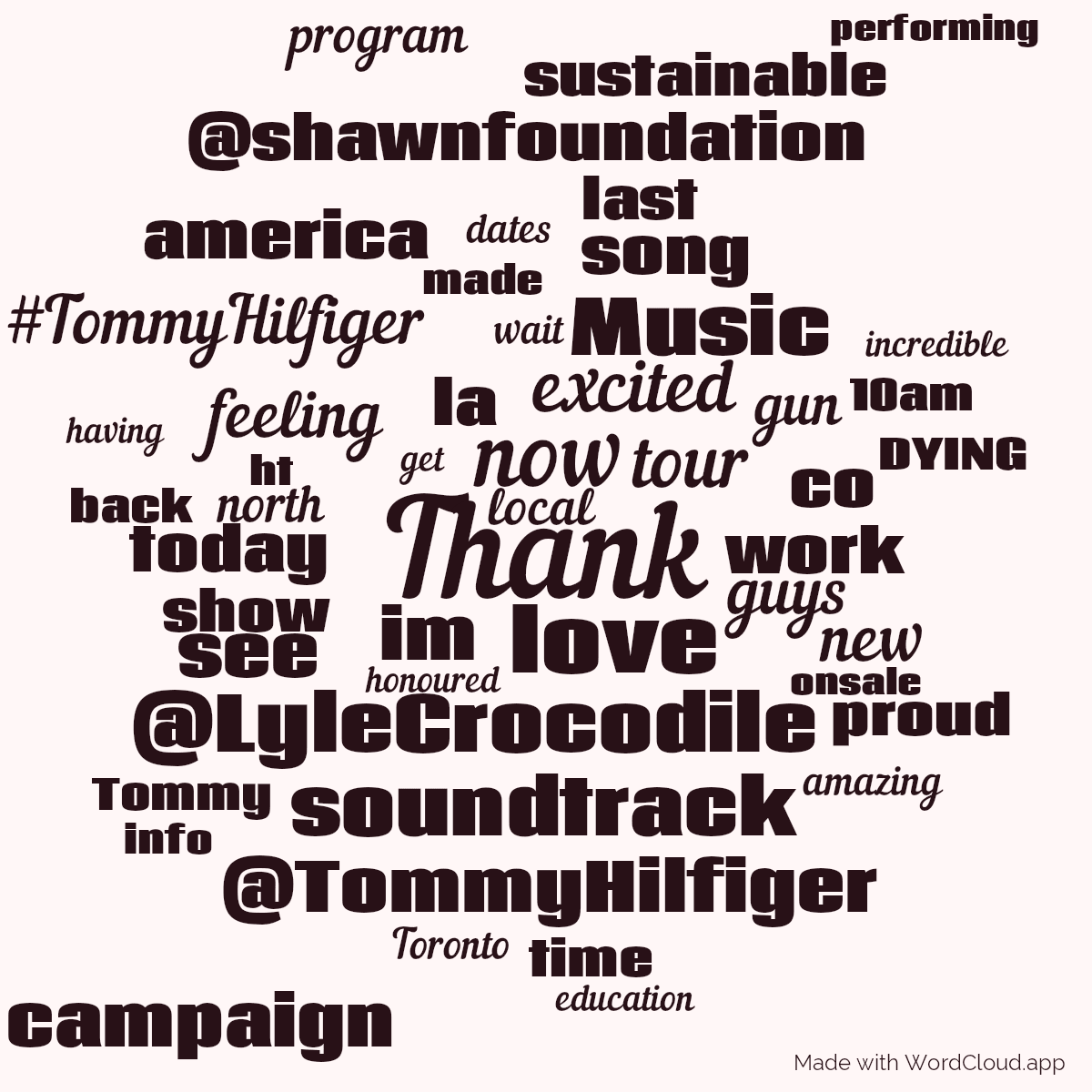 Word cloud with 50 words like Thank, now and love in red.