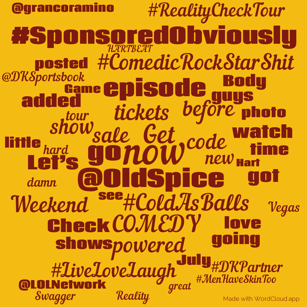 Word cloud with 50 words like now, Get and @OldSpice in red and yellow.