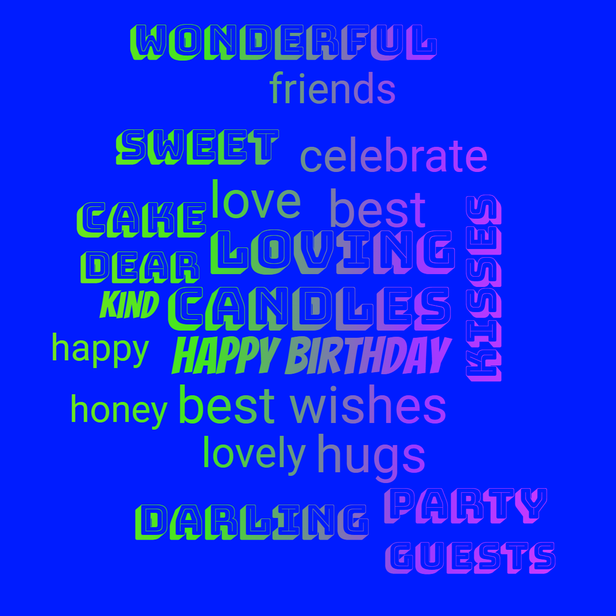 Word cloud with 21 words like Happy Birthday, love and happy in green, purple and blue.