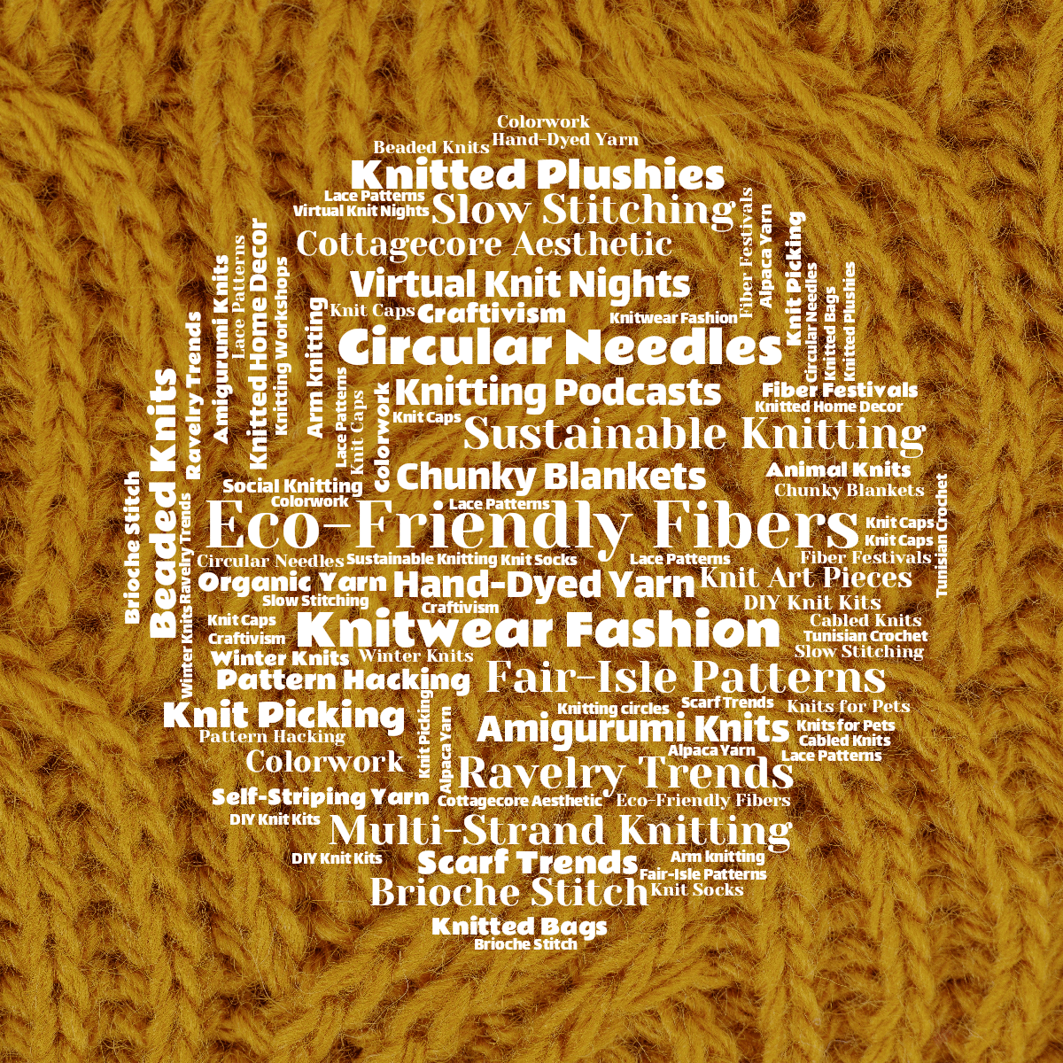 Word cloud in a Circle shape with 50 words like Eco-Friendly Fibers, Hand-Dyed Yarn and Chunky Blankets in white.