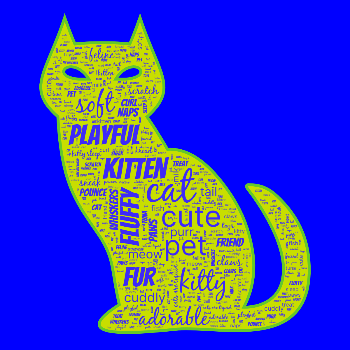 Word cloud in a Cat shape with 32 words like cat, kitten and cute in bright blue and green.
