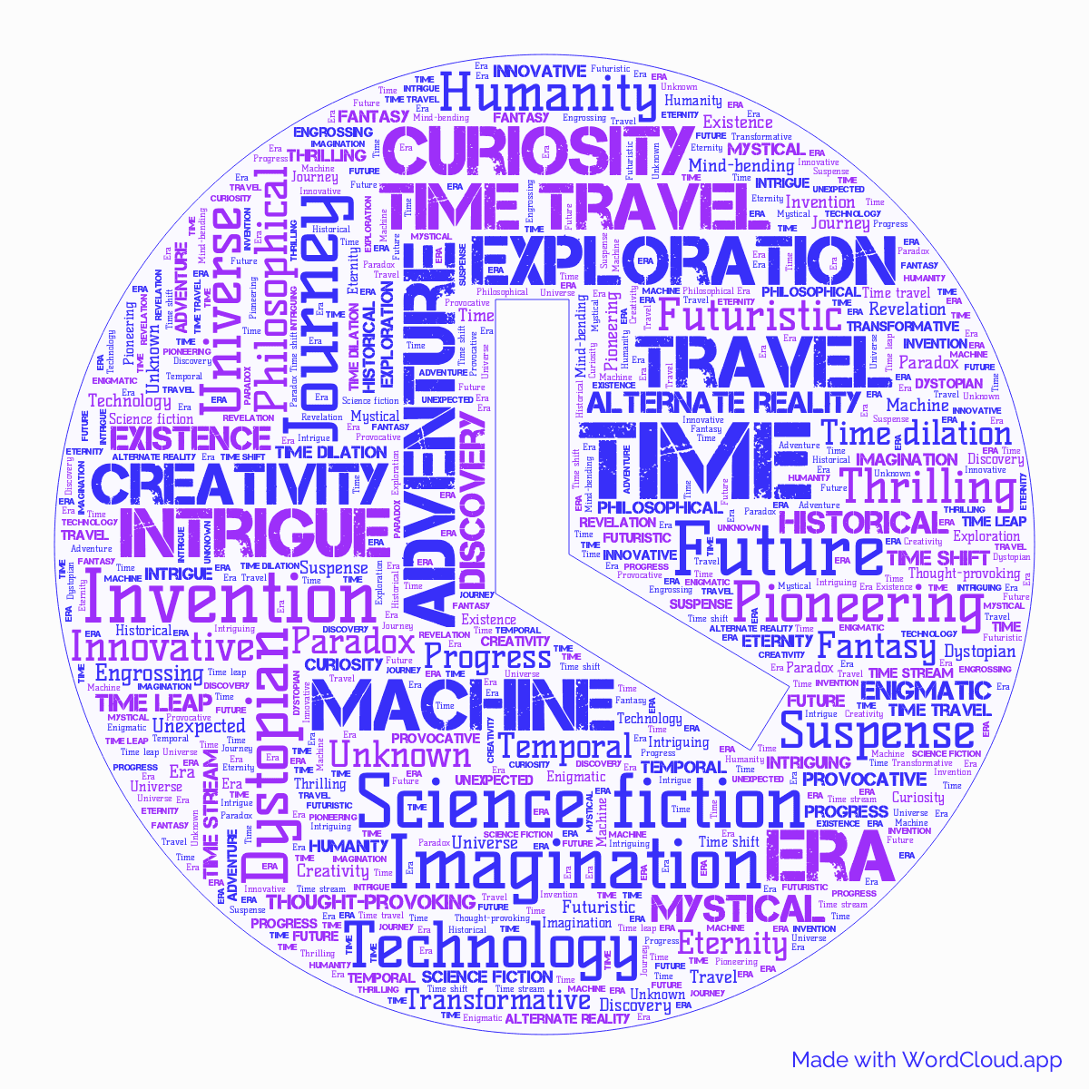 Word cloud of the book The Time Machine in a Clock shape with 49 words like Time, Machine and Adventure.