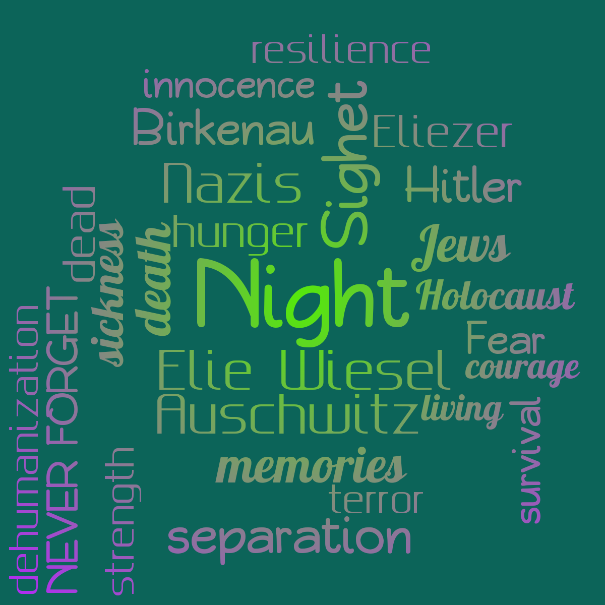 Word cloud with 26 words like Night, Elie Wiesel and Sighet in green, purple and blue.