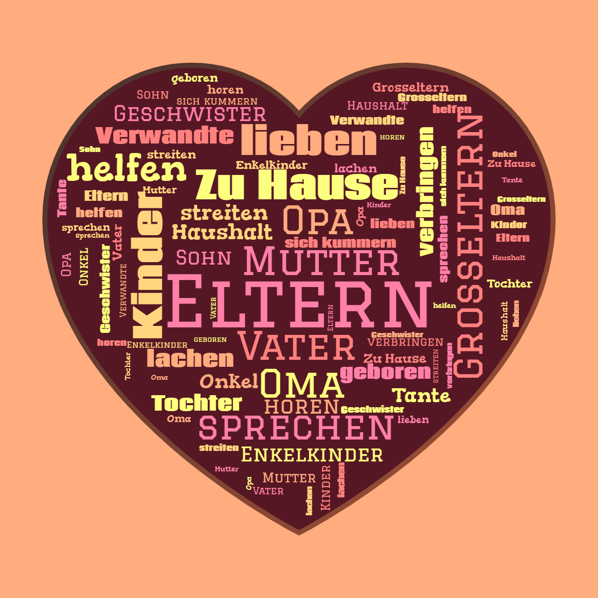 Word cloud in a Heart shape with 25 words like Eltern, Grosseltern and Mutter in red, orange and yellow.