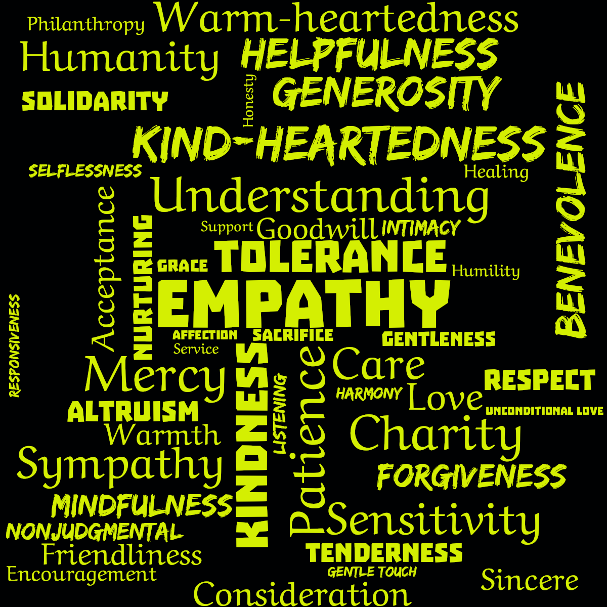 Word cloud with 49 words like Empathy, Kindness and Tolerance in green and black.