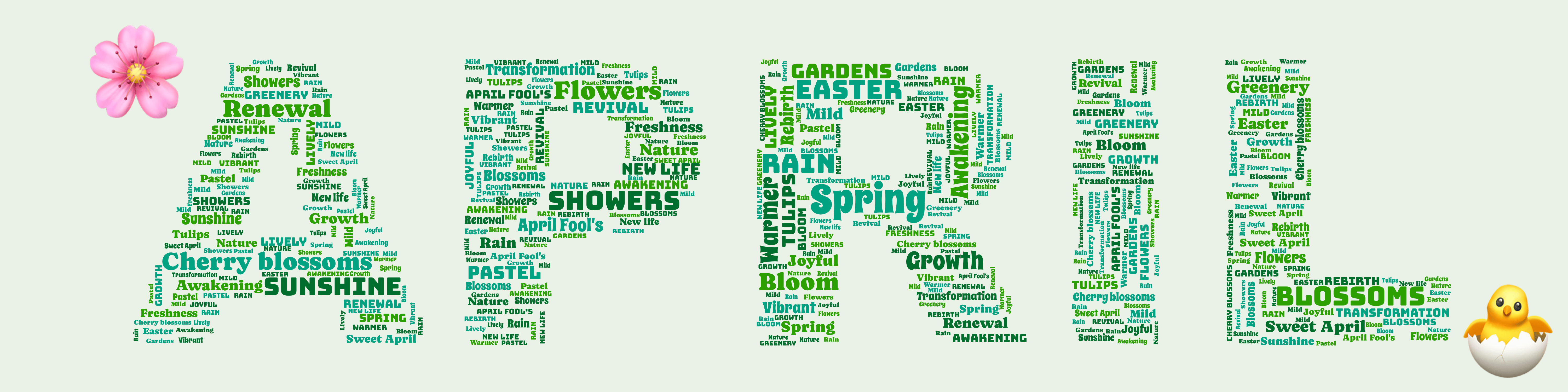 Word cloud in the shape of the word APRIL with 29 words like Spring, Rain and Flowers in green.