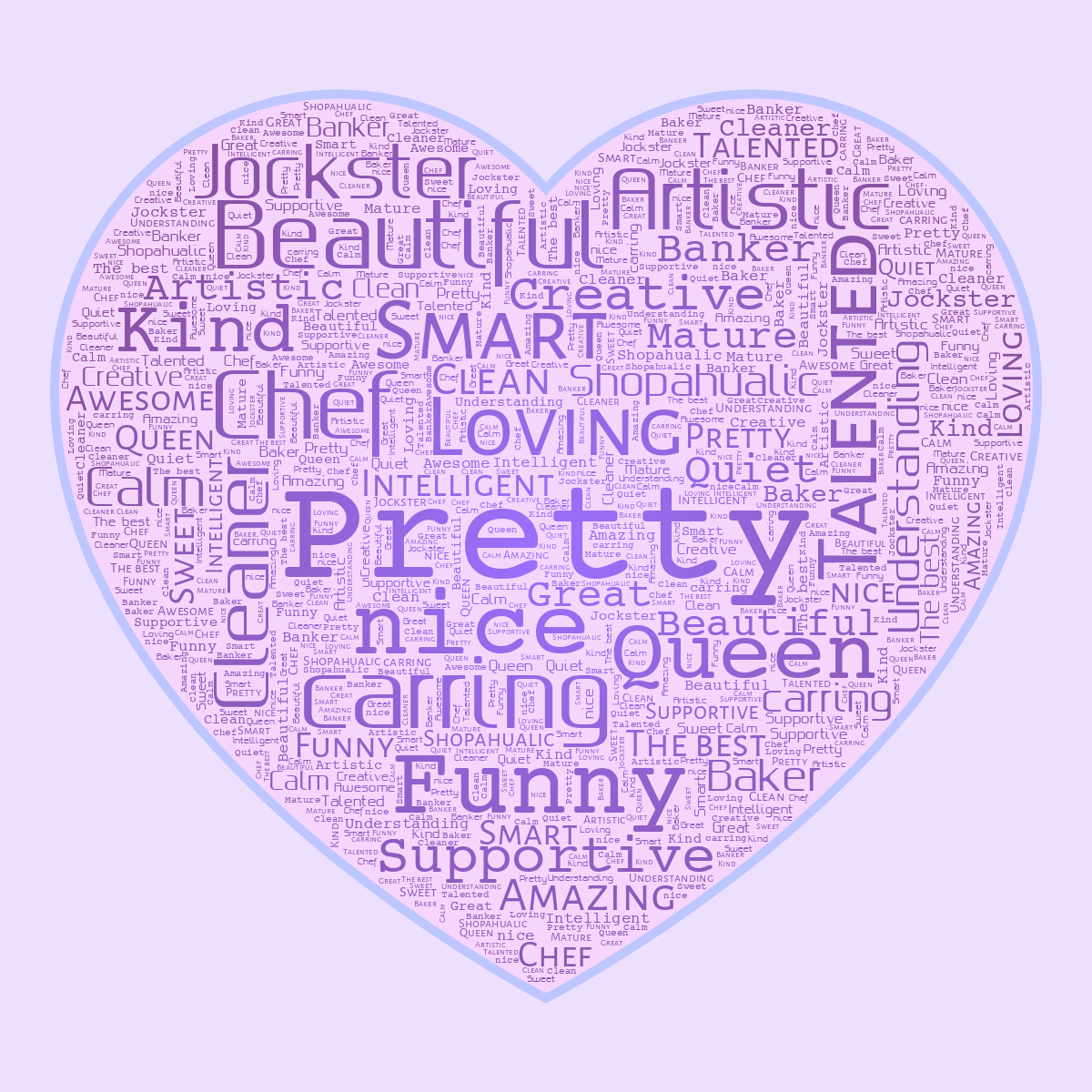 Word cloud in a Heart shape with 30 words like Pretty, nice and carring in blue and purple.