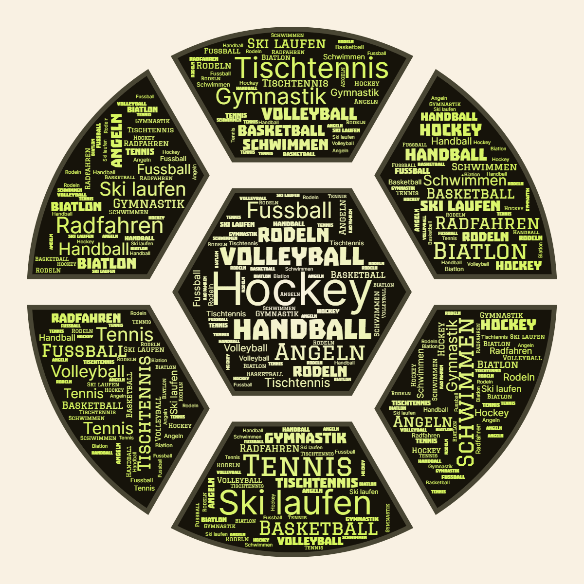 Word cloud in a Football shape with 14 words like Hockey, Ski laufen and Handball in multicolor.