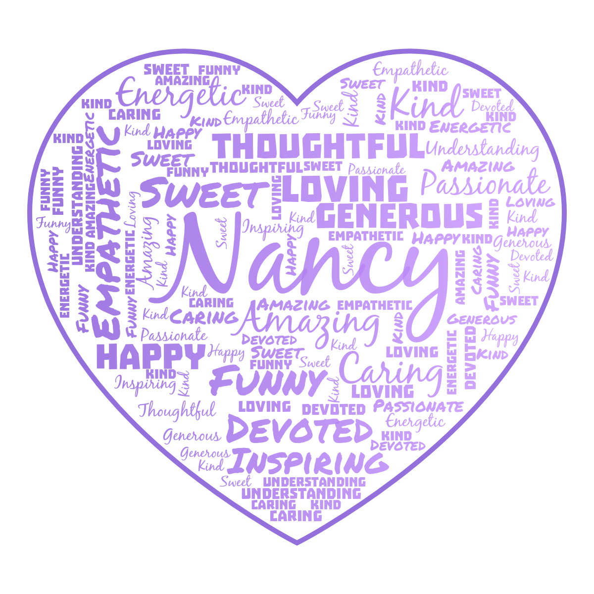 Word cloud in a Heart shape with 15 words like Kind, Amazing and Funny in purple and white.