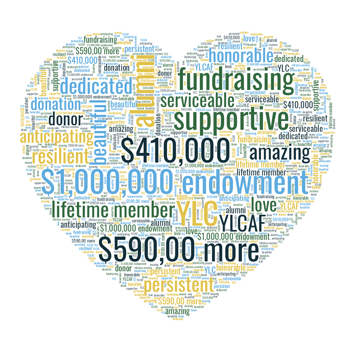 Word cloud in a Heart shape with 20 words like $1,000,000 endowment, $410,000 and $590,00 more in blue, green and yellow.