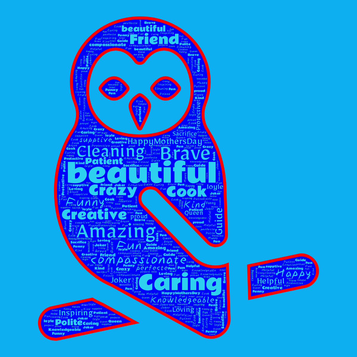 Word cloud in an Owl shape with 30 words like beautiful, Amazing and Brave in bright blue and red.