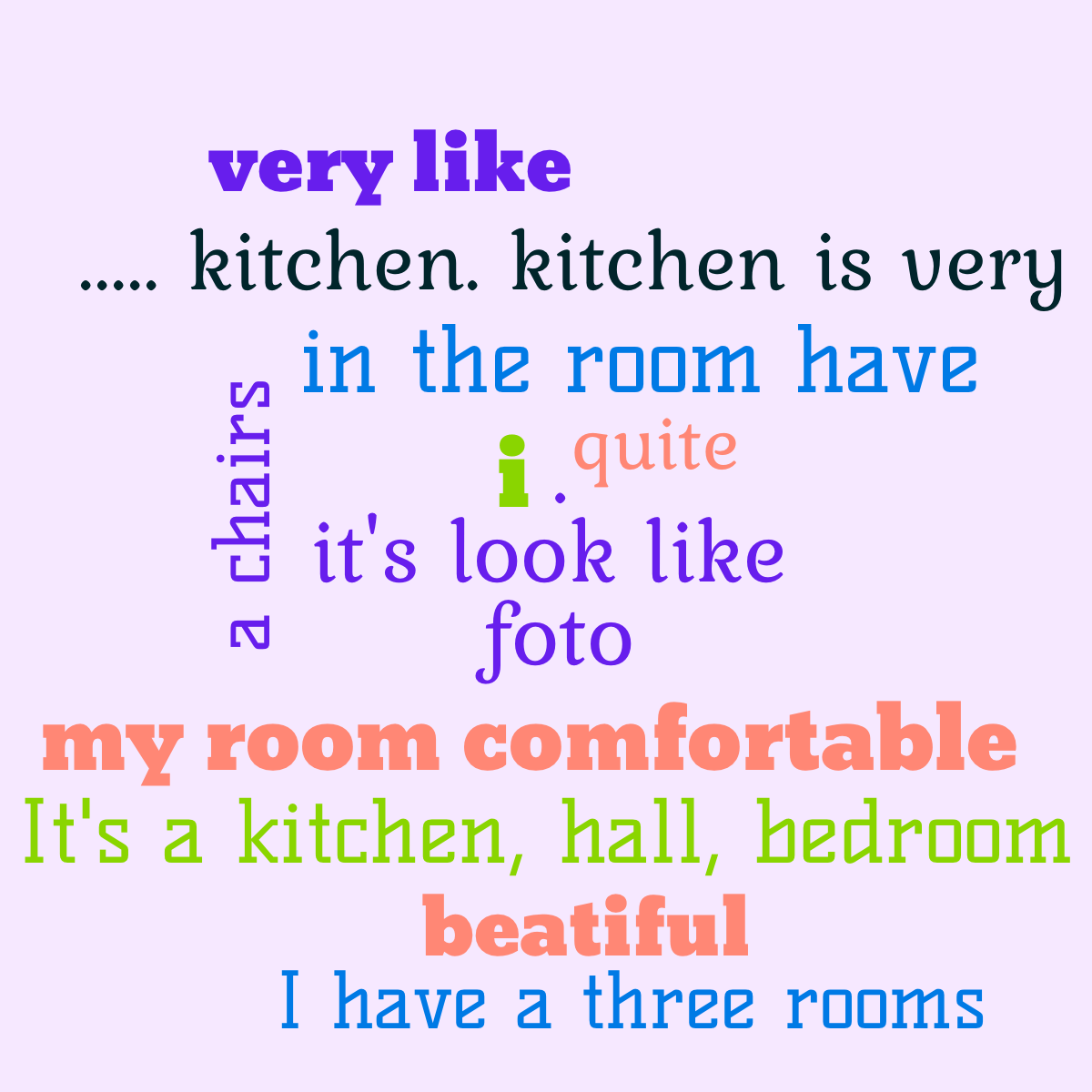 Word cloud with 13 words like in the room have, my room comfortable and i in multicolor.
