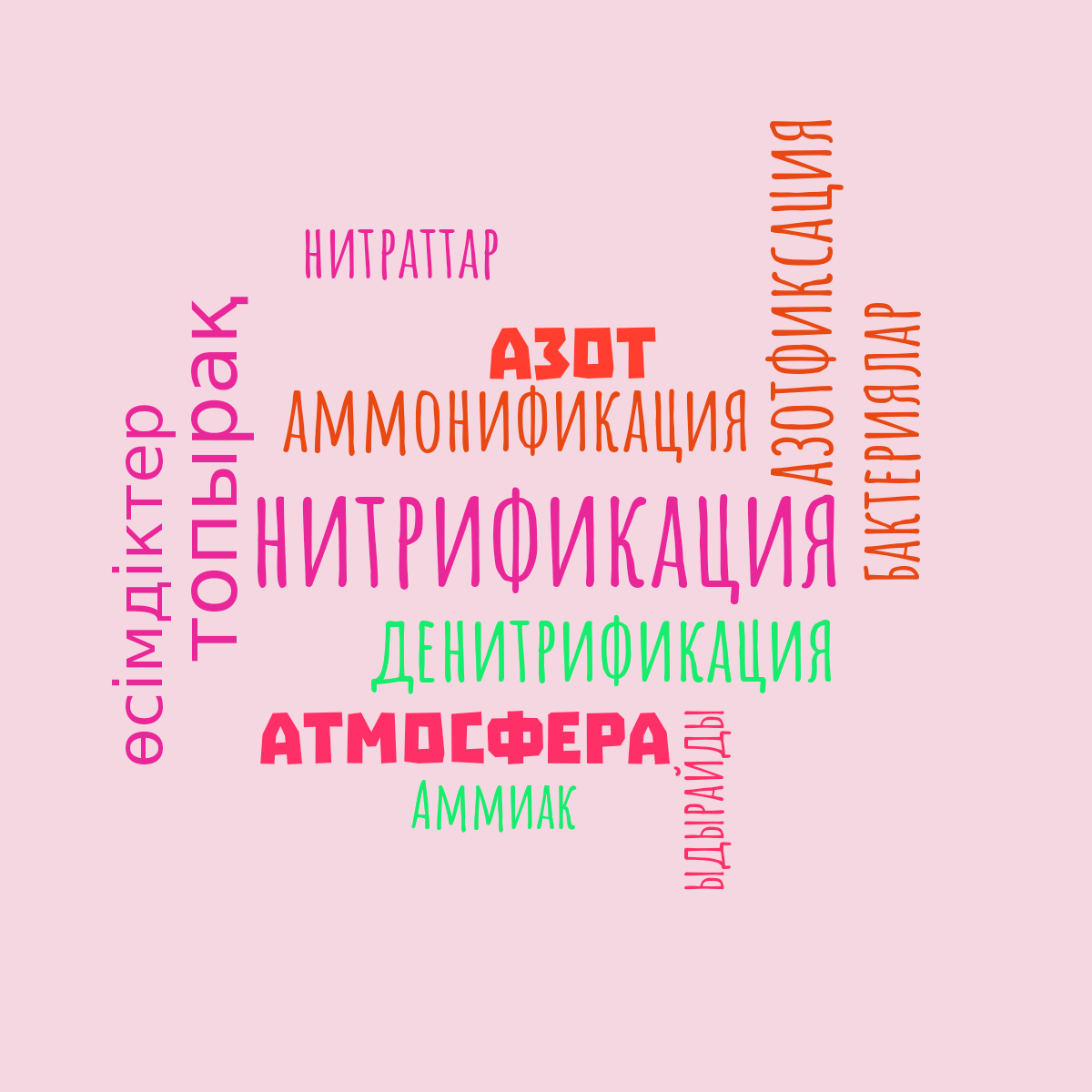 Word cloud with 12 words like нитрификация, азотфиксация and аммонификация in pink, red and green.
