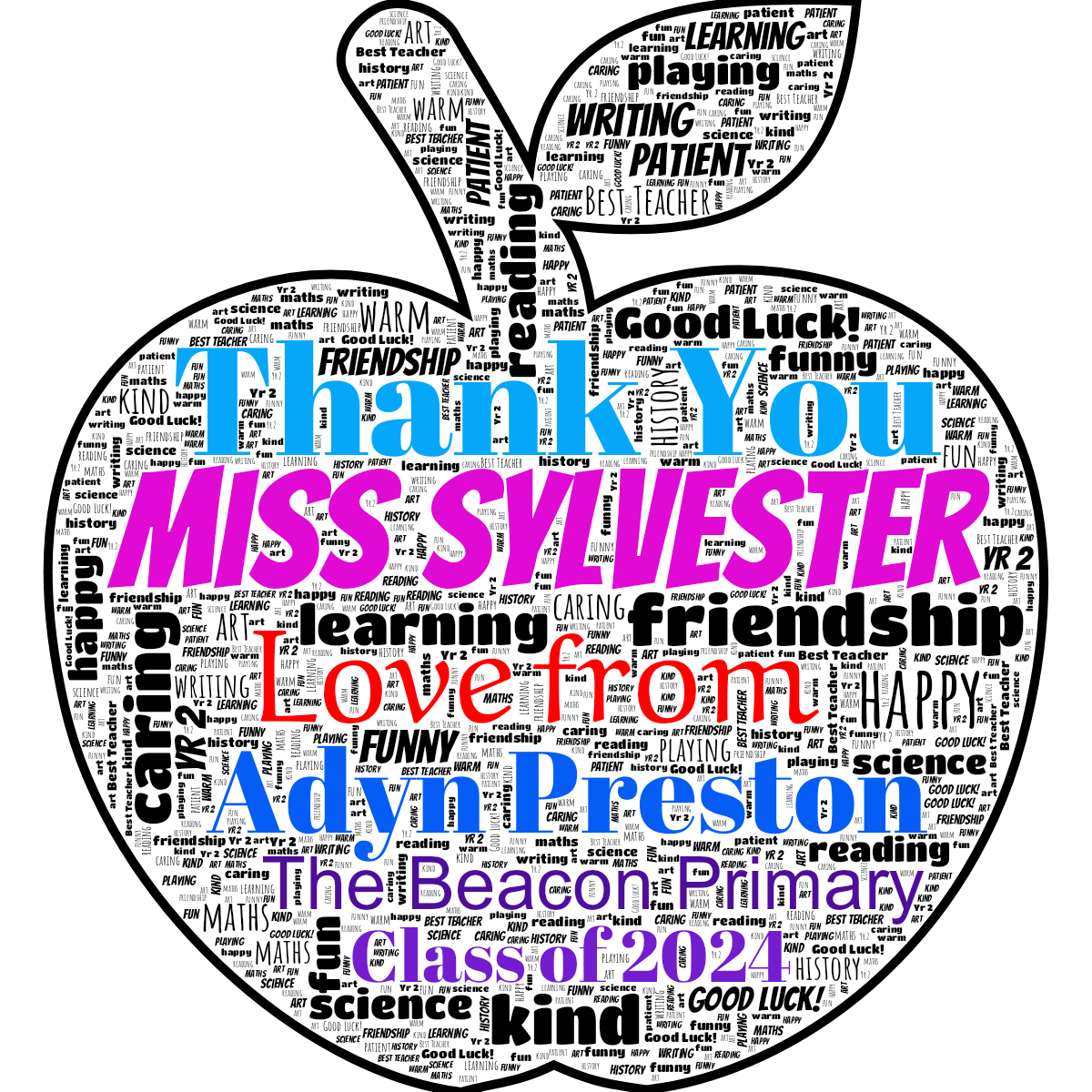 Word cloud in an Apple shape with 19 words like happy, friendship and kind in black and white.