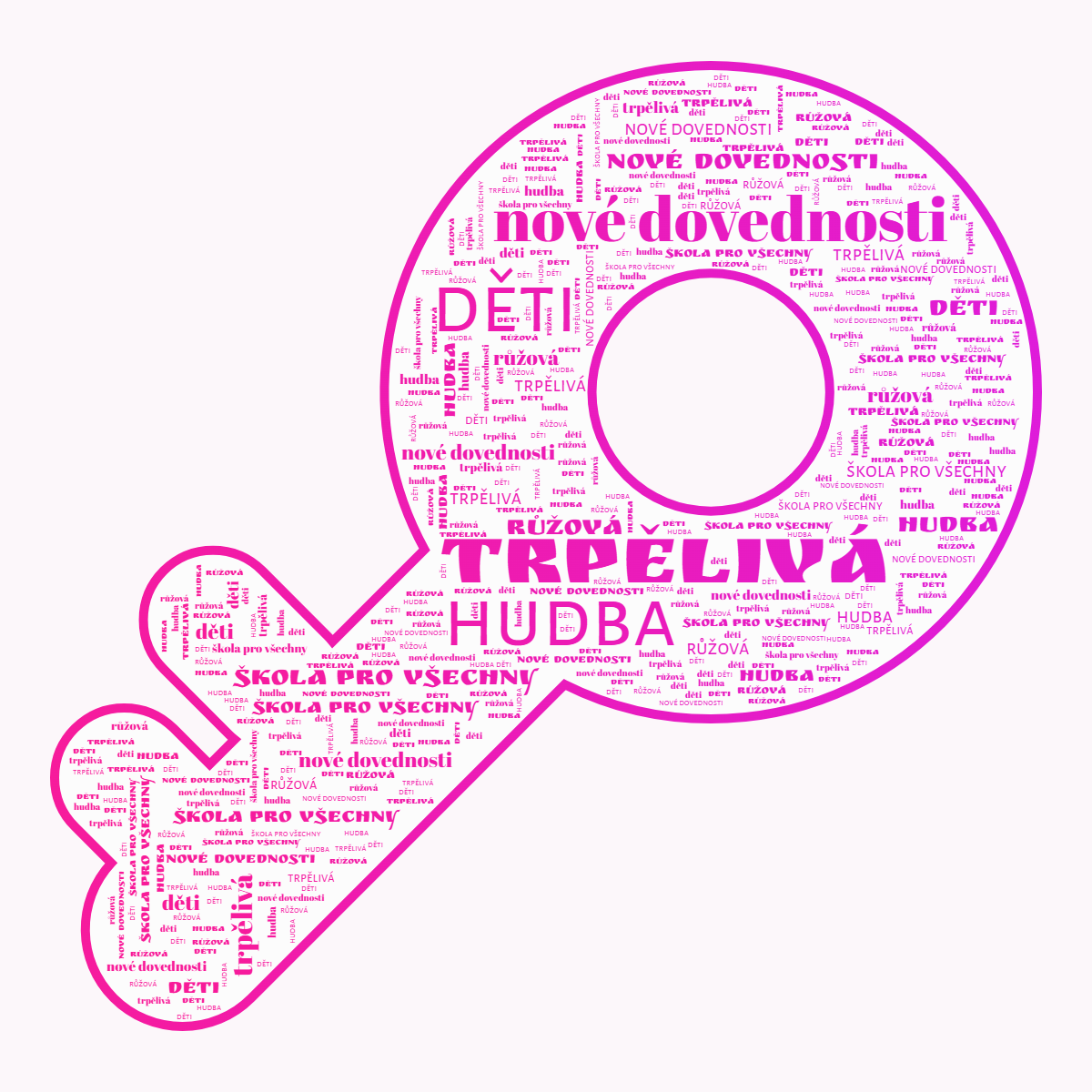 Word cloud in a Key shape with 6 words like trpělivá, hudba and děti in pink, purple and white.