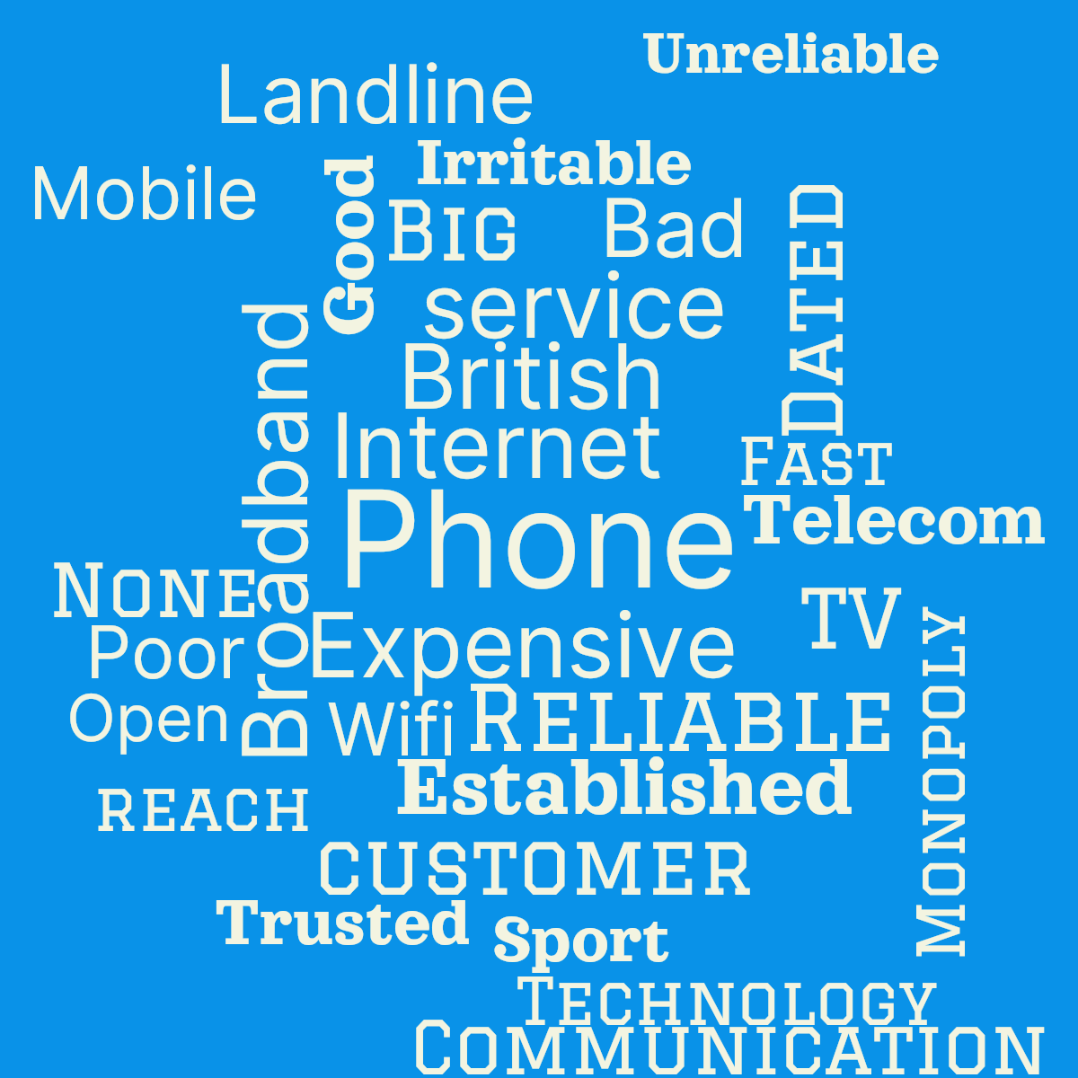 Word cloud with 30 words like Phone, Expensive and Broadband in yellow and blue.