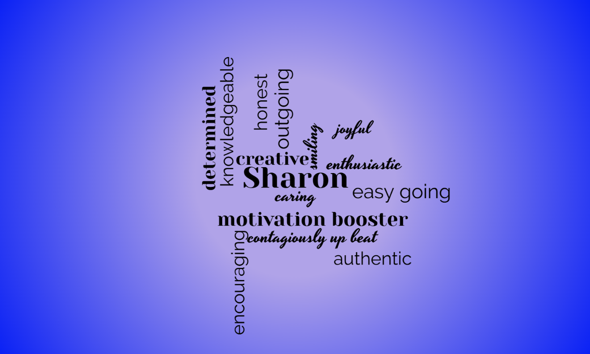 Word cloud with 15 words like Sharon, smiling and caring in black, blue and red.