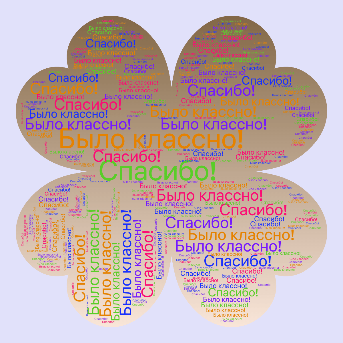 Word cloud in a Clover Leaf shape with 2 repeated words like Спасибо! and Было классно! in multicolor.