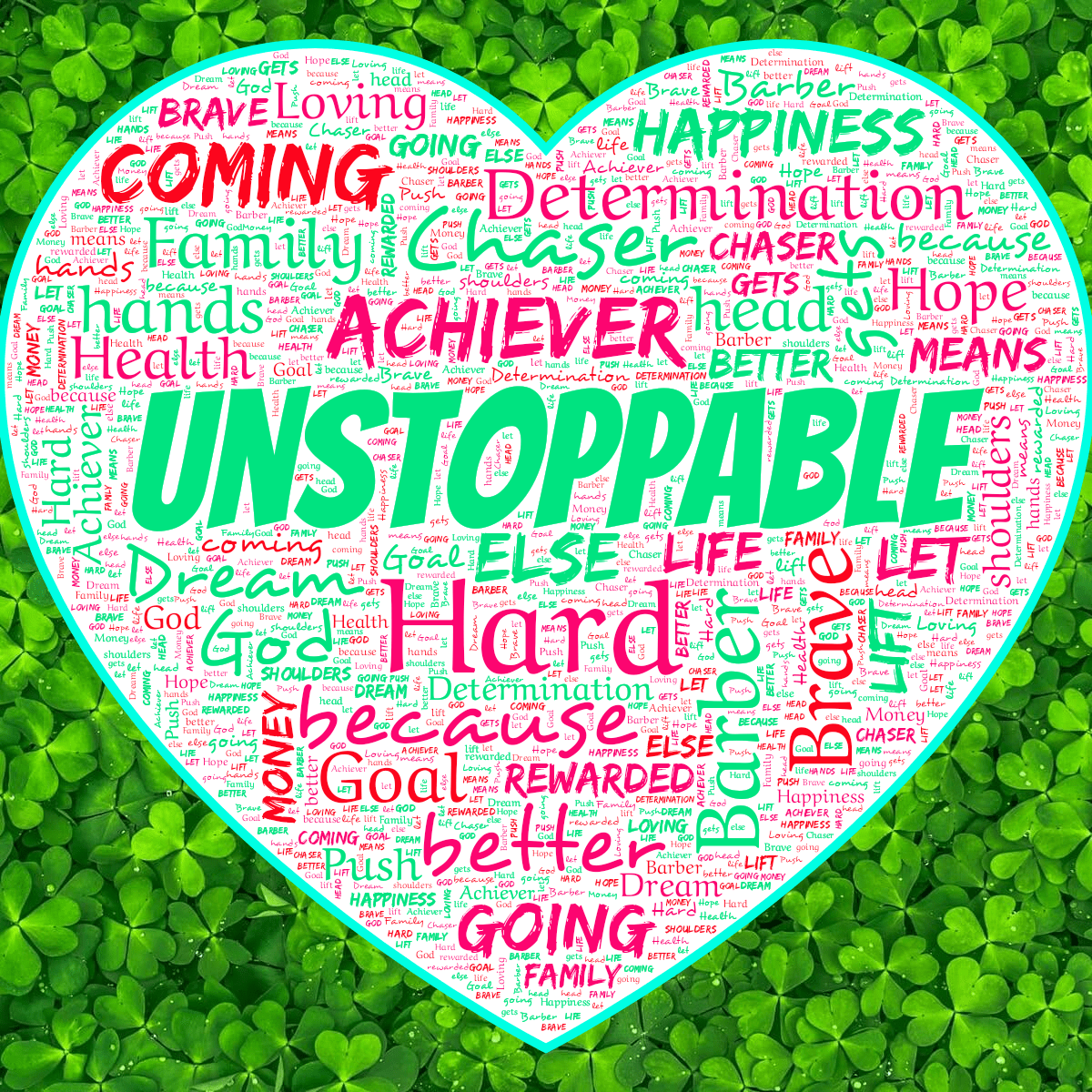 Word cloud in a Heart shape with 30 words like Hard, Achiever and Barber in multicolor.