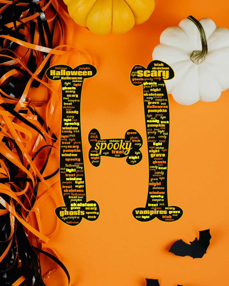 Word cloud in a Halloween H shape with 14 words like spooky, scary and Halloween in yellow, orange and black.