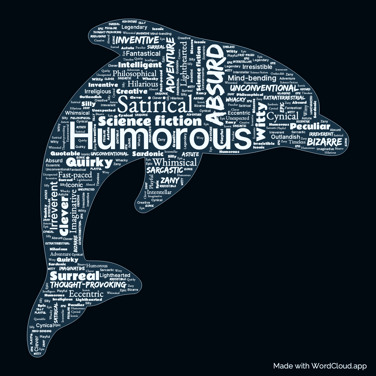 Word cloud of the book The Hitchhiker's Guide to the Galaxy in a Dolphin shape with 45 words like Humorous, Satirical and Absurd.