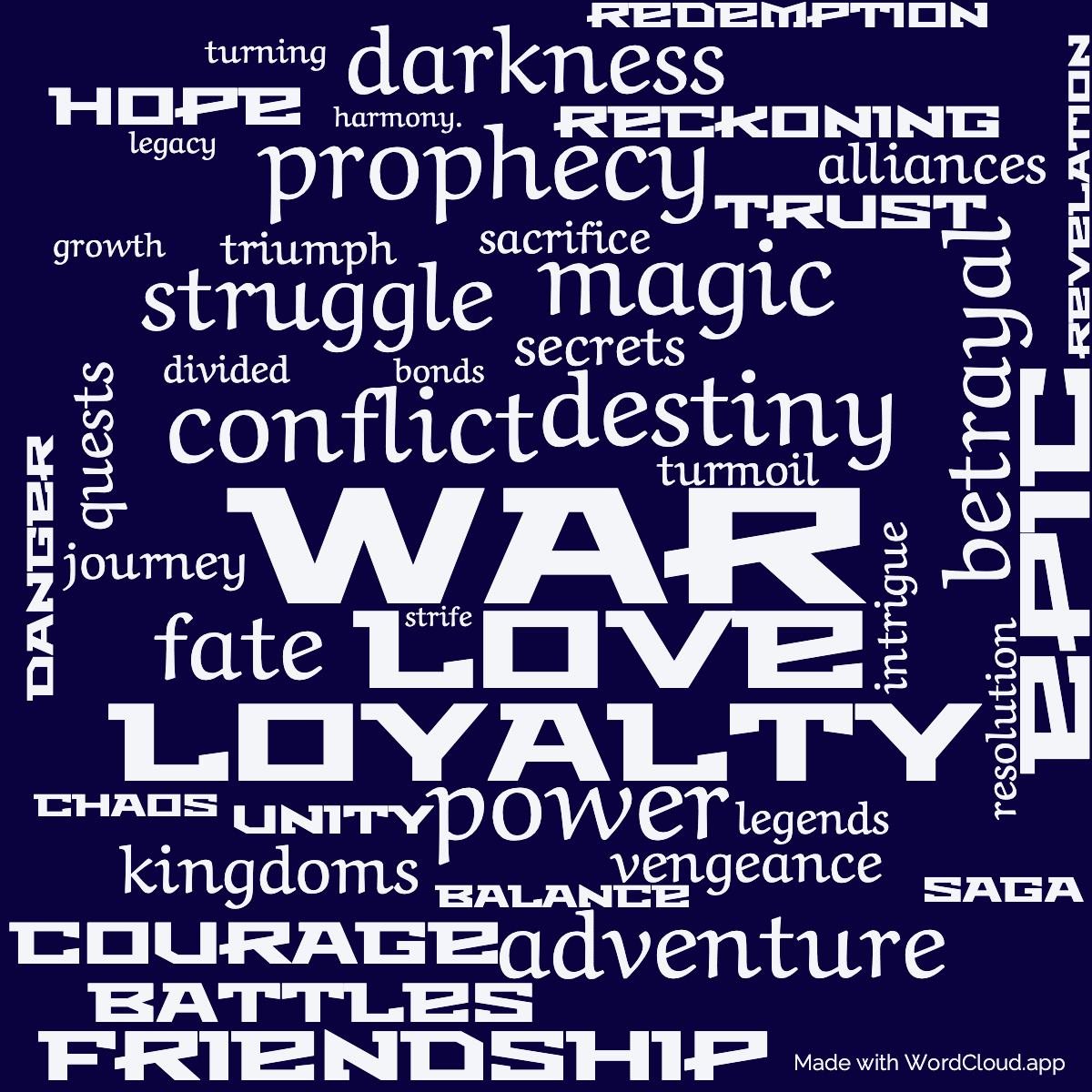 Word cloud of the book Winter's Heart with 46 words like War, destiny and love.