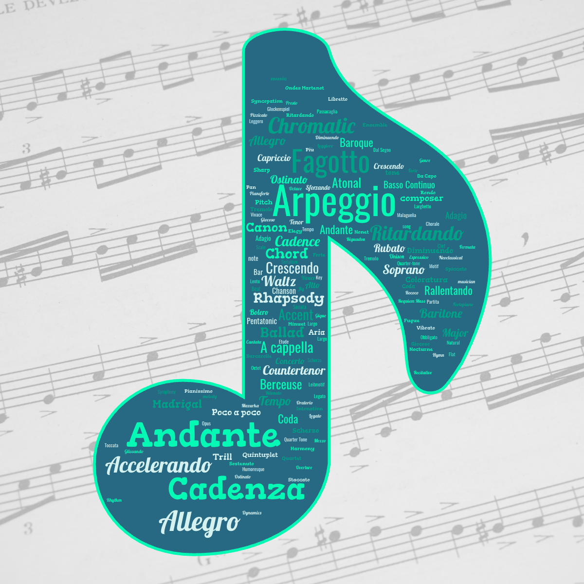 Word cloud in a Note shape with 158 words like A cappella, Accelerando and Accent in green and blue.
