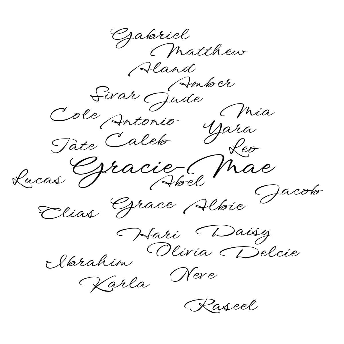 Word cloud with 28 words like Gracie-Mae, Abel and Caleb in black and white.
