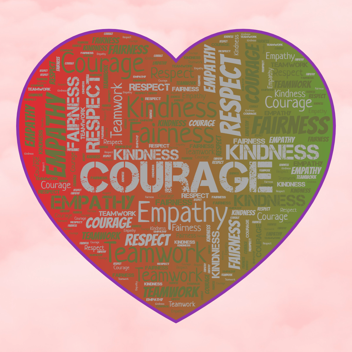 Word cloud in a Heart shape with 6 words like Courage, Empathy and Fairness in multicolor.