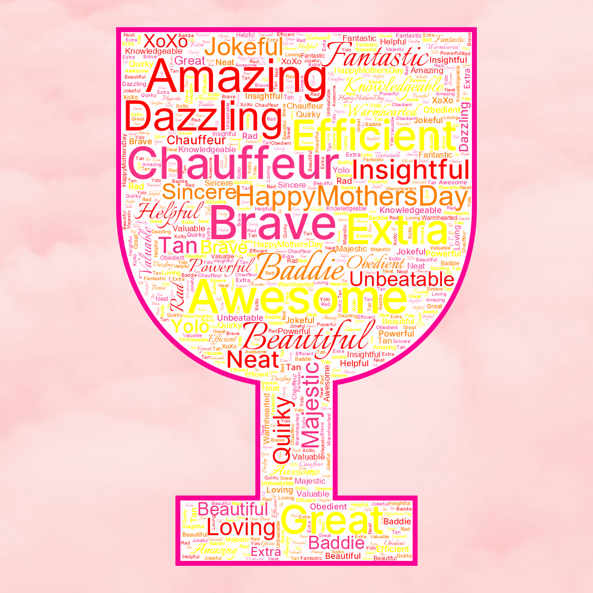 Word cloud in a Wine Glass shape with 30 words like Amazing, Awesome and Baddie in multicolor.