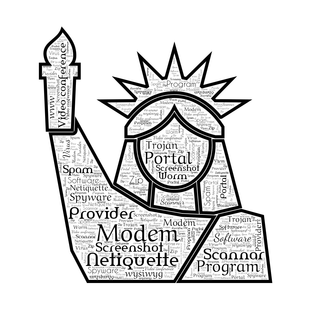 Word cloud in a Statue Of Liberty shape with 17 words like Modem, Netiquette and Portal in black and white.