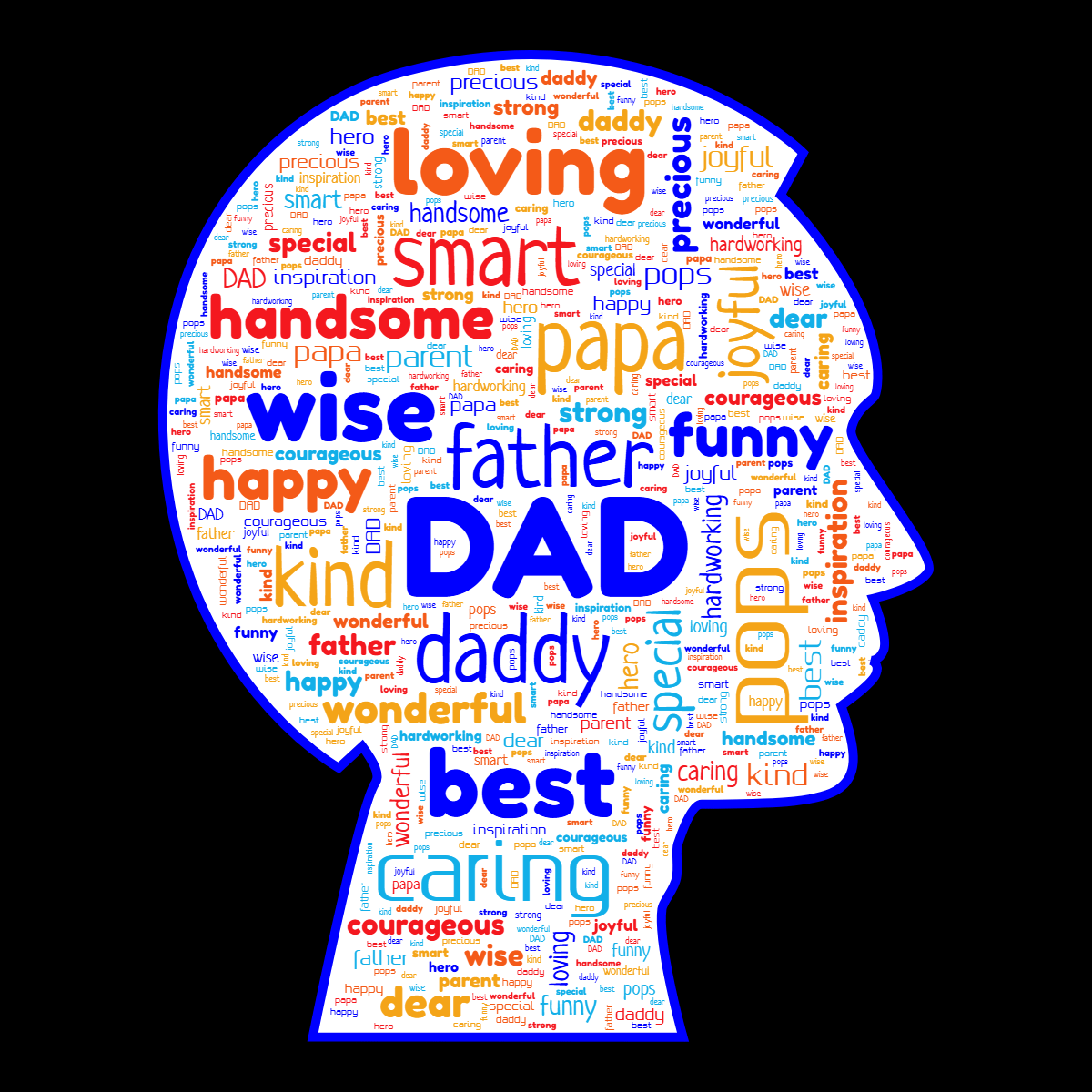 Word cloud in a Man Face shape with 25 words like DAD, father and daddy in multicolor.