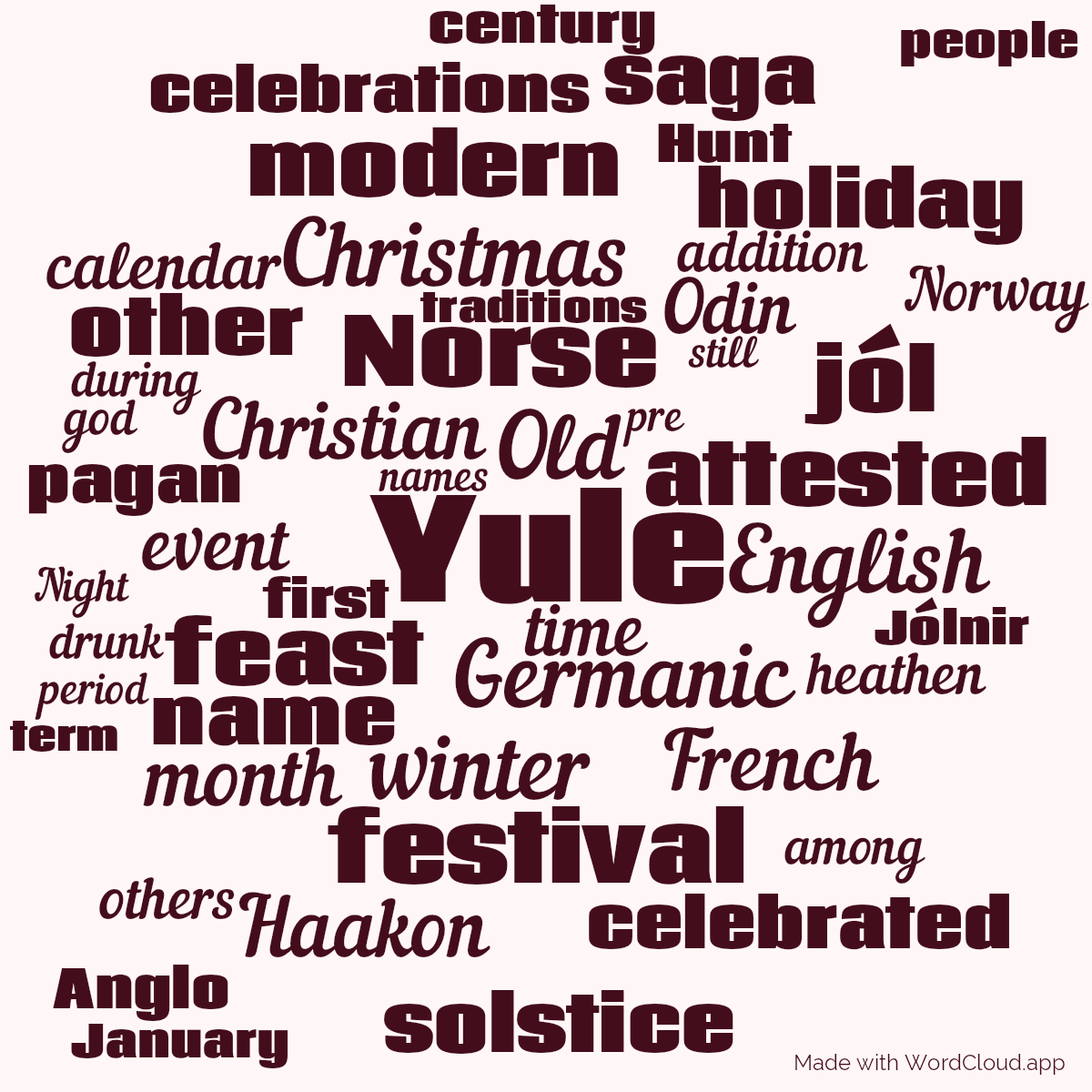 Word cloud with 50 words like Yule, Old and Germanic in red.