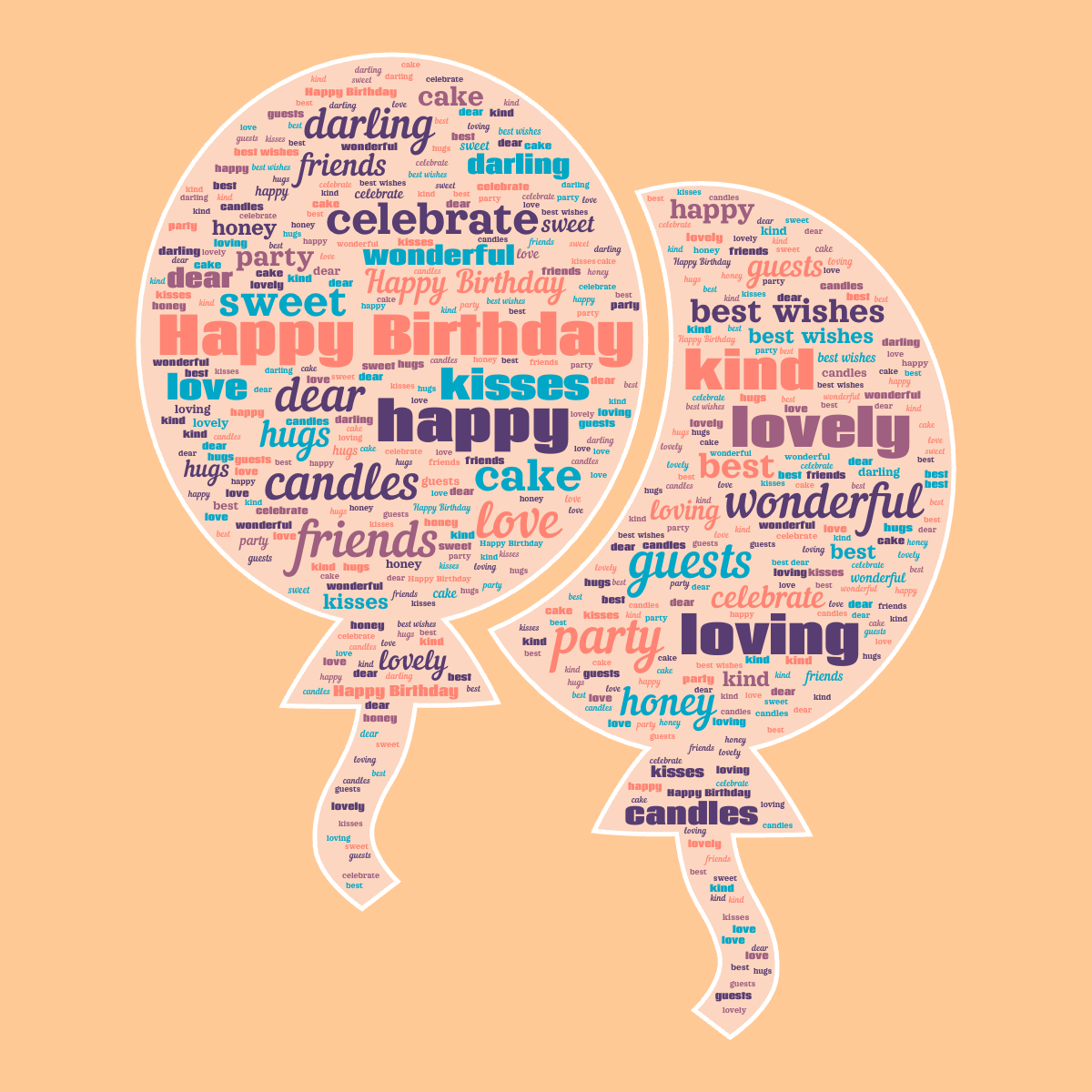 Word cloud in a Balloon shape with 21 words like Happy Birthday, love and happy in multicolor.