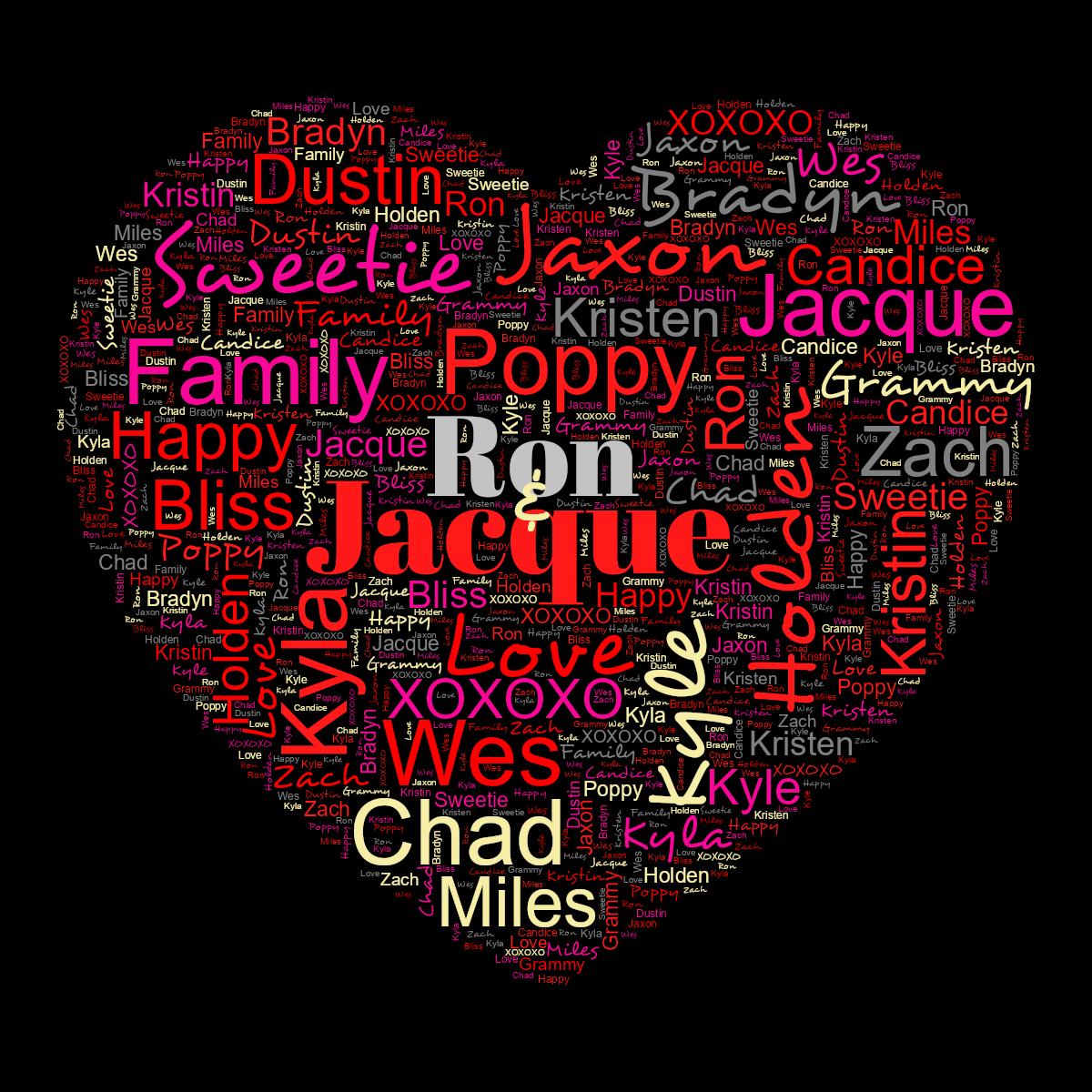 Word cloud in a Cards Hearts shape with 23 words like Ron, Jacque and Dustin in multicolor.