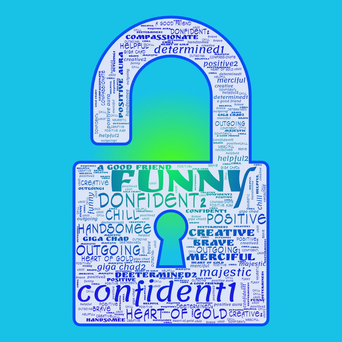 Word cloud in a Lock shape with 24 words like funny, confident1 and donfident2 in green, blue and purple.
