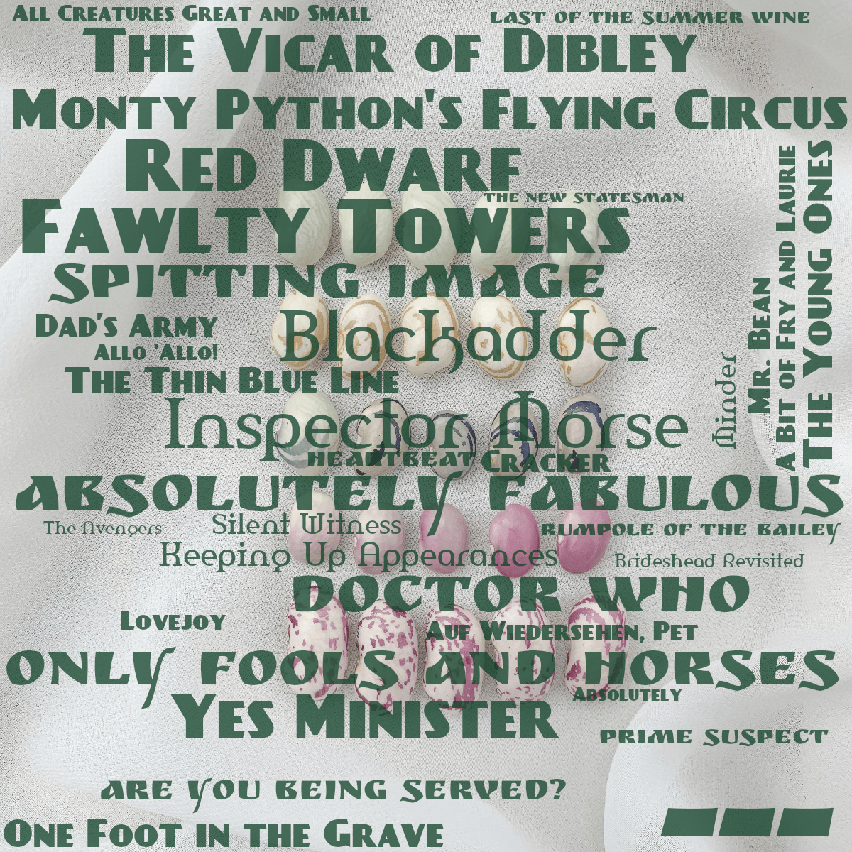 Word cloud with 34 words like Fawlty Towers, Inspector Morse and Blackadder in dark green.