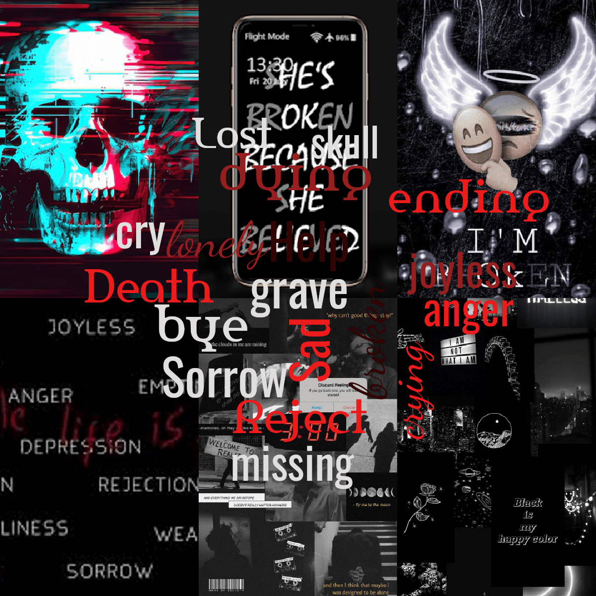 Word cloud with 18 words like Sad, lonely and broken in red and gray.