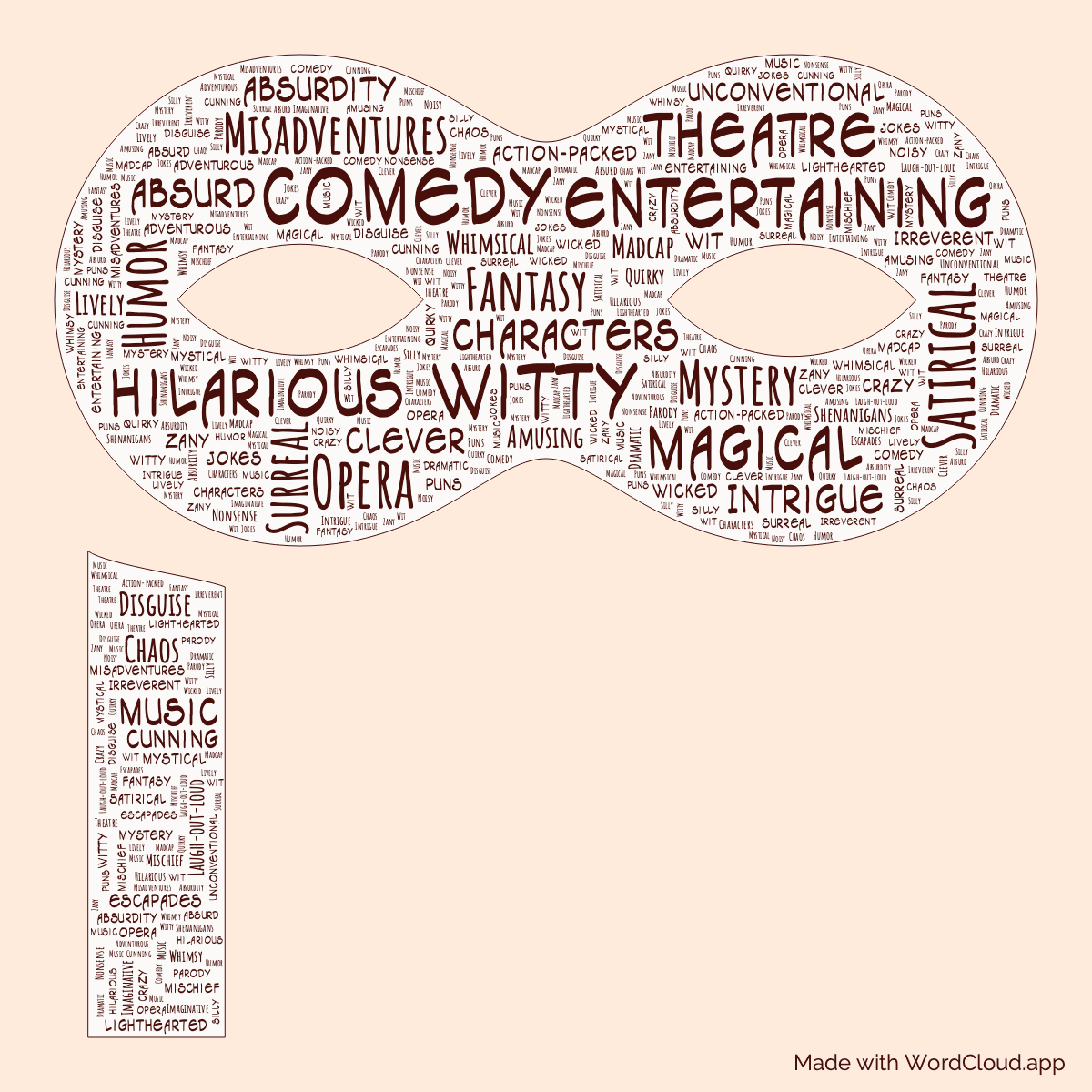Word cloud of the book Maskerade in an Eye Mask shape with 50 words like Comedy, Opera and Witty.