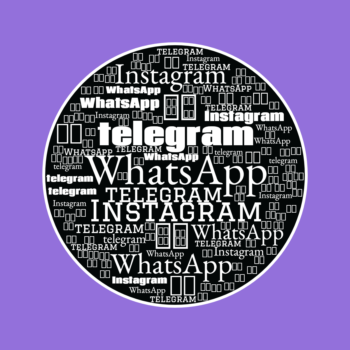 Word cloud in a Circle shape with 5 words like WhatsApp, Instagram and telegram in white, purple and black.