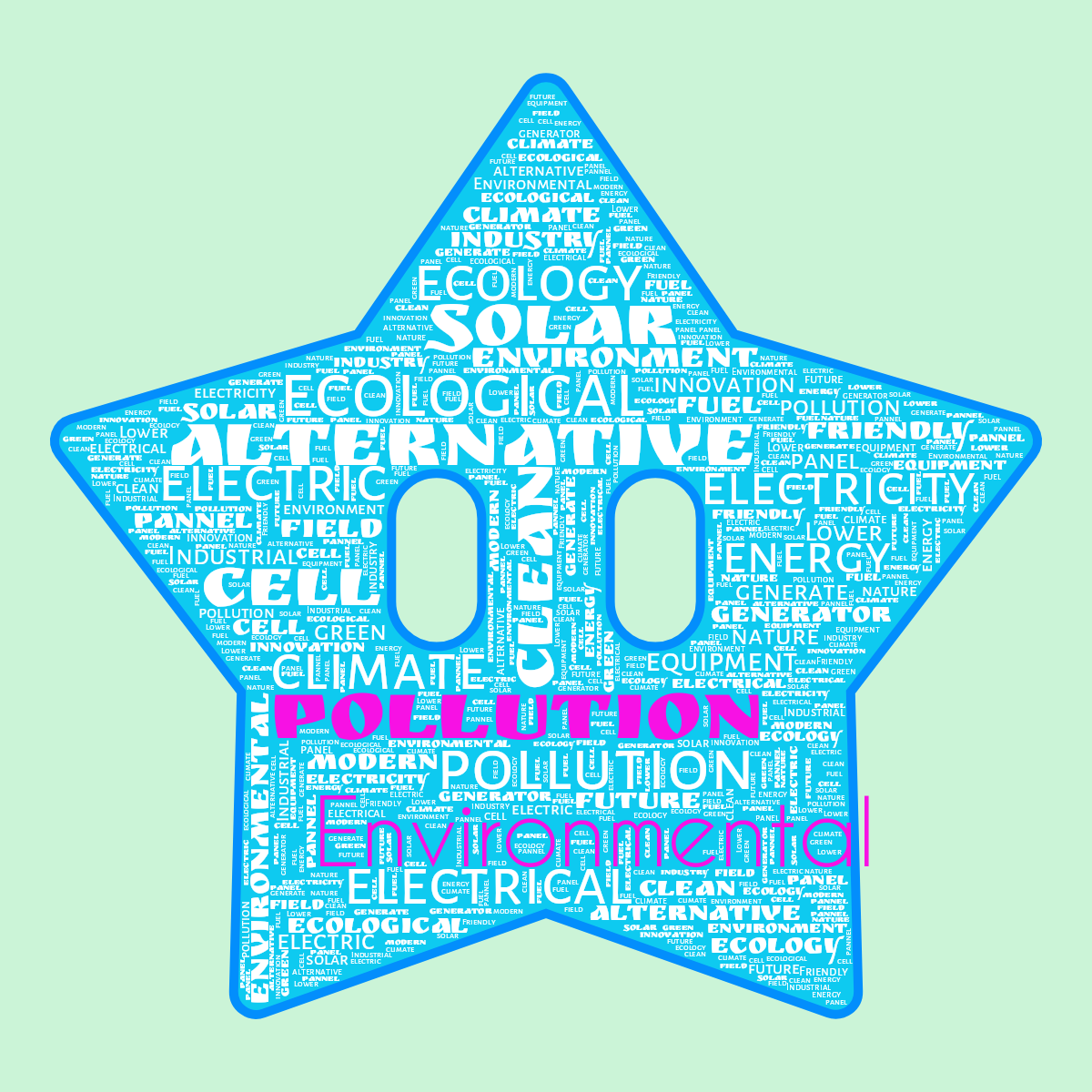Word cloud in a Mario Star shape with 30 words like alternative, ecological and pollution in white, green and blue.