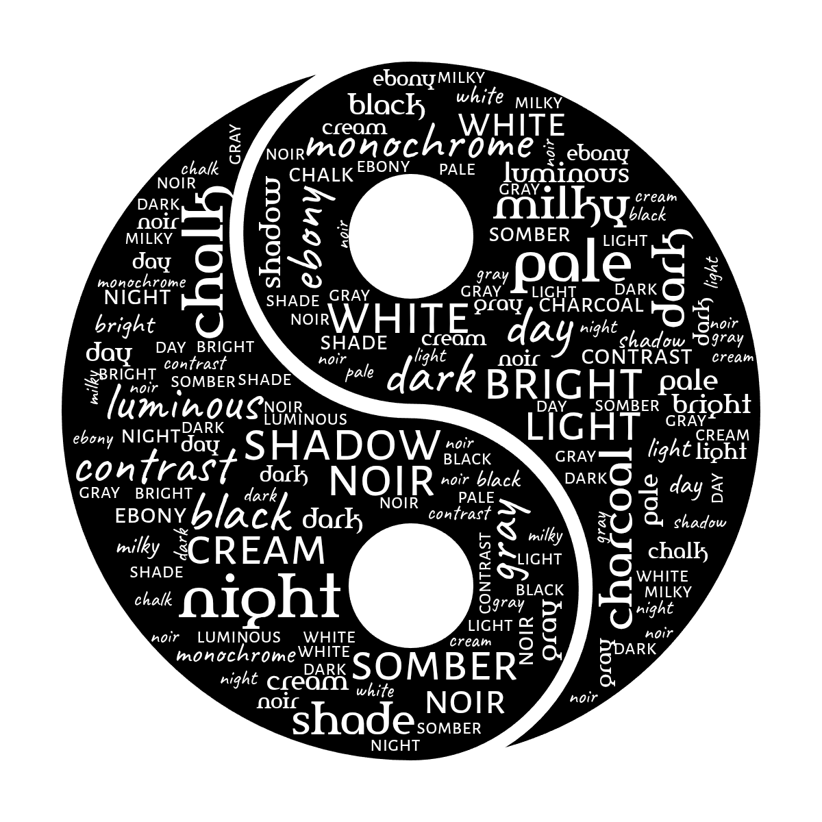 Word cloud in a Ying Yang shape with 21 words like contrast, light and dark in white and black.