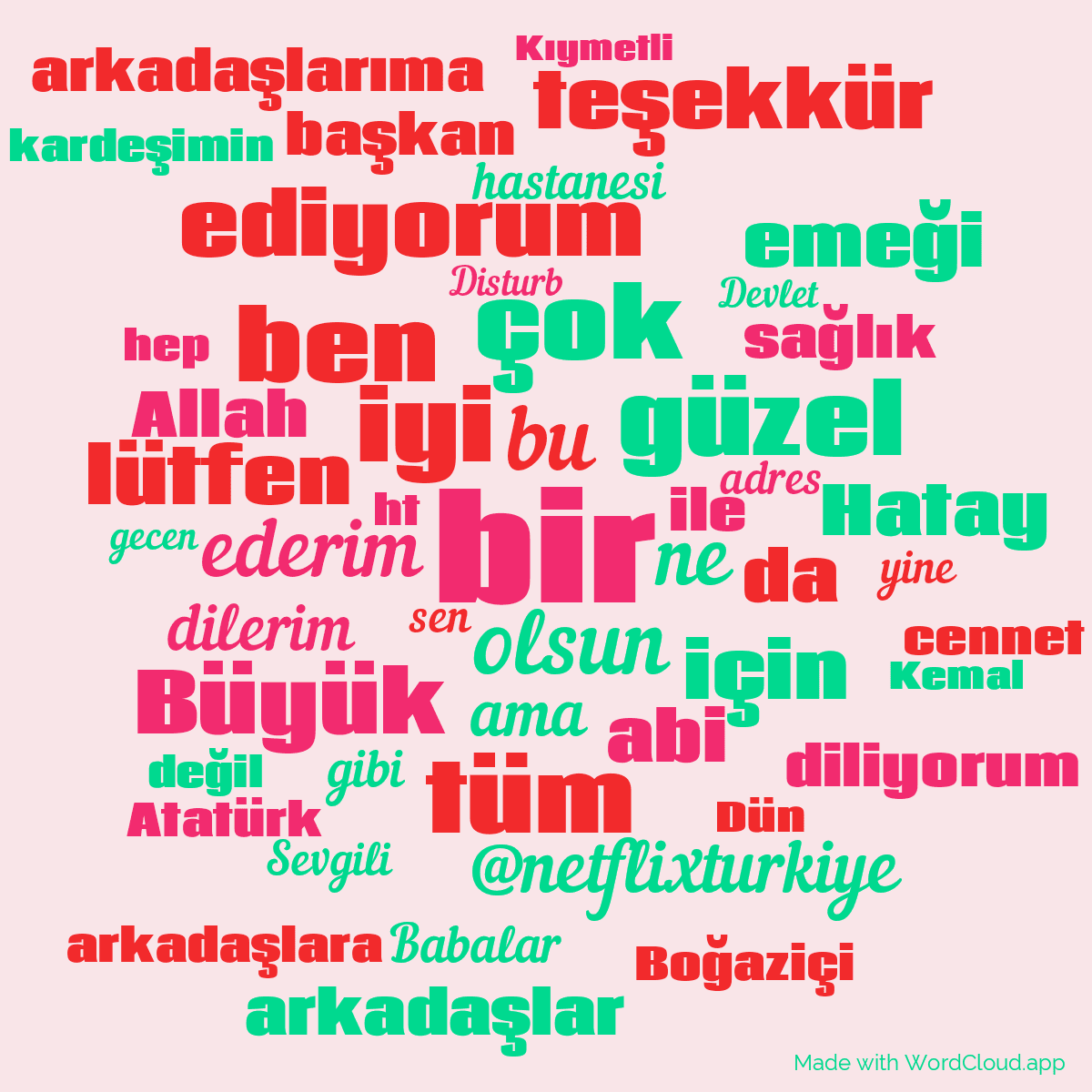 Word cloud with 50 words like bir, olsun and bu in pink, red and green.