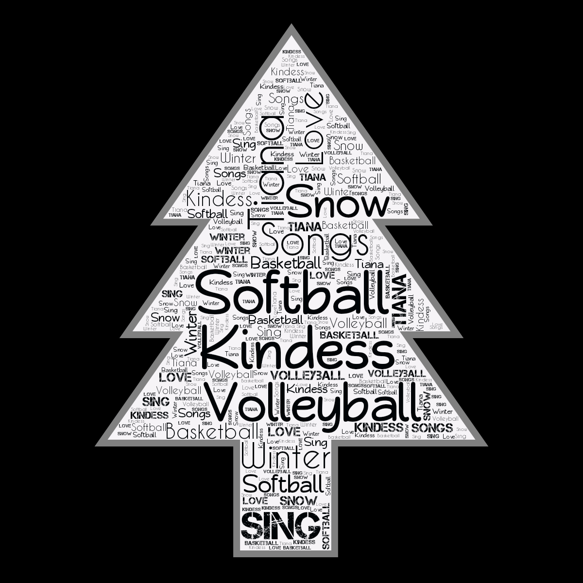 Word cloud in a Christmas Tree shape with 10 words like Tiana, Winter and Basketball in black, purple and gray.