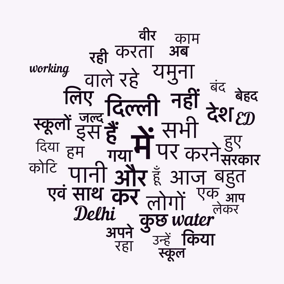 Word cloud with 50 words like में, और and दिल्ली in black and purple.